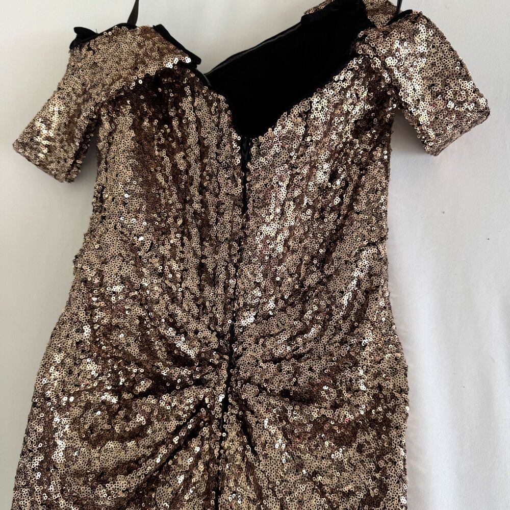 10312 Size 8 Sherri Hill sequin corset off shoulder mermaid gown slit gold black - Picture 6 of 7